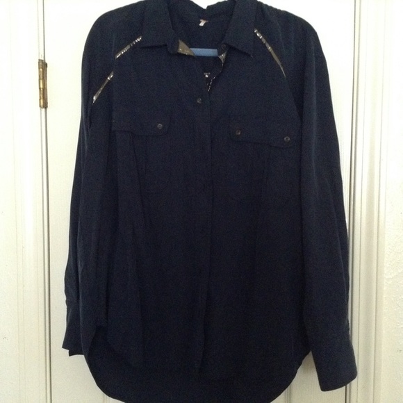 NWT Free People Off Campus Navy Blue Gold Metallic Oversized Button Front Top - Picture 3 of 16
